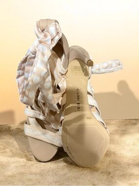 Gianni Bini Beige & Cream Polka Dot Wrap Heels